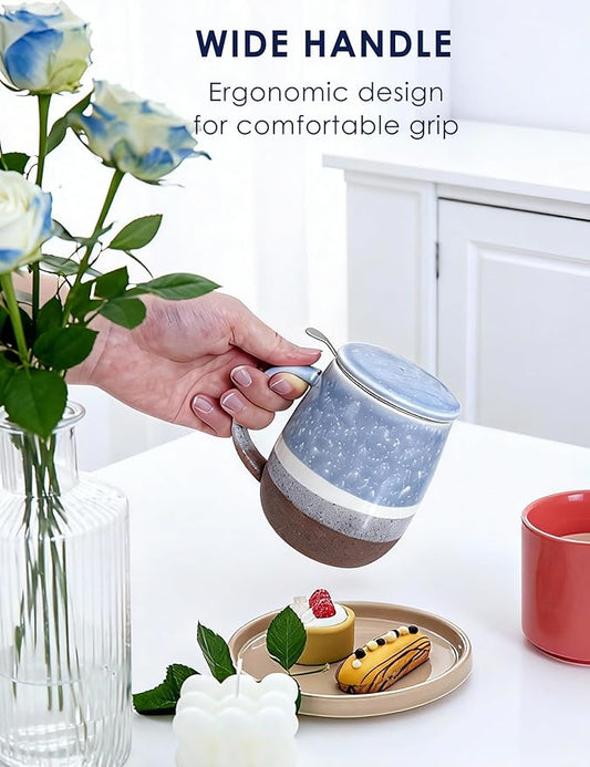 SISETOP 13.5 OZ Large Tea Cup with Infuser and Lid, Reactive Glaze Tea Infuser Mug, Ceramic Loose Leaf Teacup for Brewing, Microwave & Dishwasher Safe, Pale Blue