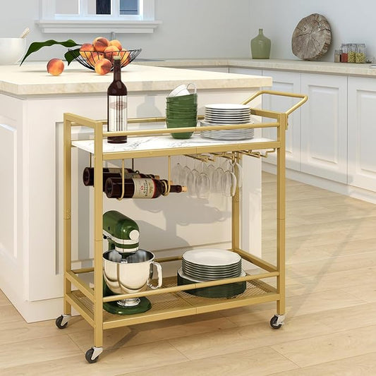 LAATOOREE Bar Cart, Two-Color Home Bar Serving Cart, Mobile Drink Beverage Cart with 2 Storage Shelves, Rolling Kitchen Cart with Wine Holder and Glass Holder, for Dinning Room, Living Room, Kitchen