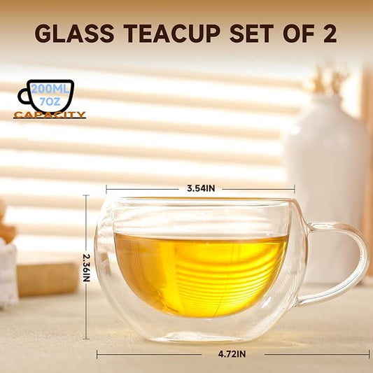 Double Wall Insulated Glass Tea Cups Set of 2, Clear Borosilicate Espresso Shot Cups for Espresso Machine, Glass Teacups Coffee Mugs with Handle for Cappuccino Latte, 7OZ/200ML