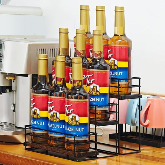 9 Bottle Coffee Syrup Organizer Rack, 3 Tier Coffee Syrup Bottle Stand Holder for Coffee Bar, Installation-free, Liquor Bottle Display Shelf, Coffee Syrup Shelf for Liquor Whiskey Wine Display