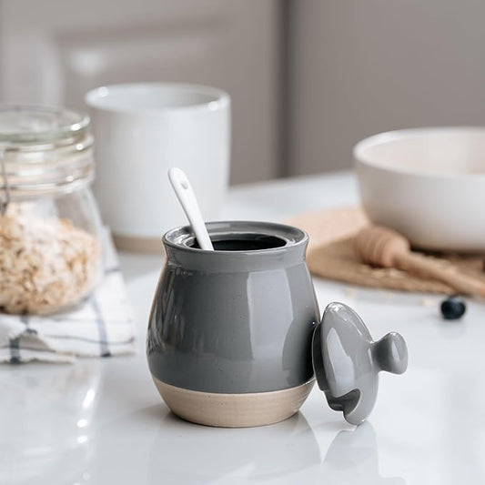 famiware Milkyway Sugar Bowl with Lid and Spoon, 10oz Ceramic Sugar Jar/Pot/Dispenser for Salt, Condiments, Spice, Seasonings, Sugar Container for Coffee Bar, Home, Kitchen, and Countertop, Dark Gray