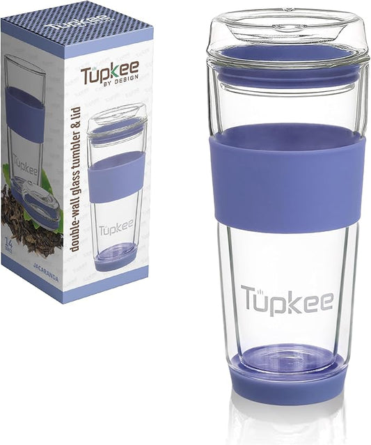 Tupkee Double Wall All Glass Tumbler - 14-Ounce, Reusable Insulated Tea/Coffee Mug & Lid, Hand Blown Glass Travel Mug - Jacaranda - 2 Pack