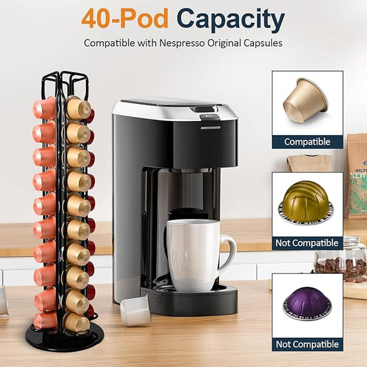 Coffee Pod Holder – 360° Silent Rotating for Nespresso OriginalLine Carousel, Holds 40 Capsules, Space-Saving Espresso Organizer for Kitchen & Office (Black)