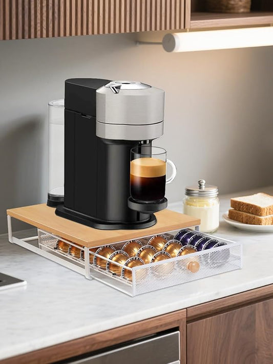 Coffee Pod Holder Drawer Organizer Capsules Storage Organizer with Sliding Drawer Compatible For Nespresso Pods, Holds up to 54 Small or 28 Big nespresso pod Oak Color