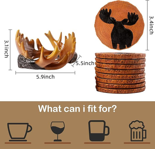 Deer Antler Coasters Set 8 Full Size Non-Slip Cabin Decor Bar Coasters, Indoor Christmas Decorations, Man Cave Gifts for Men and Deer Lovers, Rustic Handmade Cup Coaster for The Home