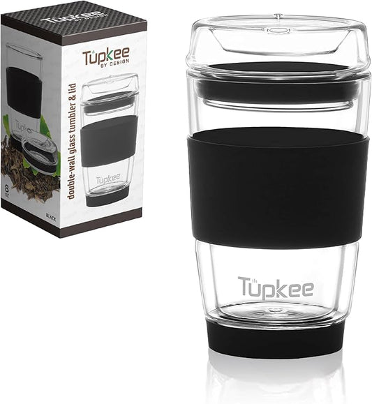 Tupkee Double Wall All Glass Tumbler - 8-Ounce, Reusable Insulated Tea/Coffee Mug & Lid, Hand Blown Glass Travel Mug - Black - 2 Pack