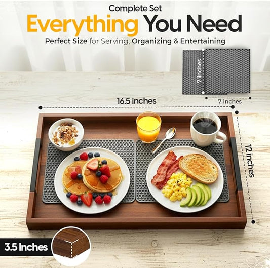 Acacia Wood Serving Tray with Handles 16.5"x12" with 2 Silicone Mats – Large Decorative Wooden Ottoman & Coffee Table Tray for Breakfast in Bed, Dinner, Kitchen, Bar, Home Décor & Party Serving