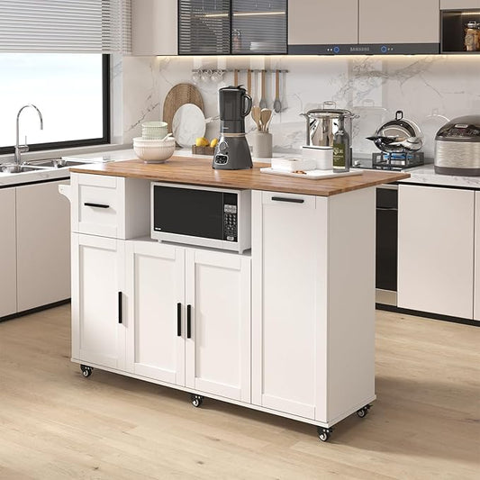 Rolling Kitchen Island Cart on Wheels,59" Mobile Island Carts with Folding Drop Leaf & 2 Storage Cabinet,Portable Prep Table with Drawer & Trash Storage Cabinet for Kitchen,White