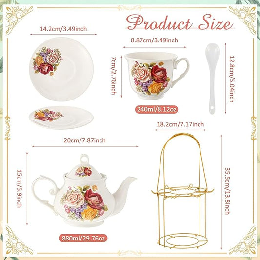 Zhehao 20 Pcs Porcelain Tea Set with Metal Holder and Spoon Adult Ceramic Tea Set European Flower Painting Teapot Cup Saucer Spoon for Women, Large Version(Styleish Style)