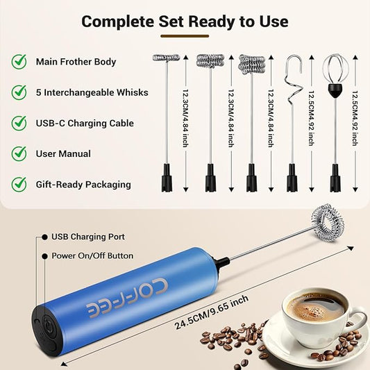 Milk Frother Handheld Rechargeable - 2-Speed Electric Whisk with 5 Detachable Heads (Frother/Mixer/Whisk) for Coffee, Latte, Cappuccino & Matcha, Drink Mixer (Flower 11)