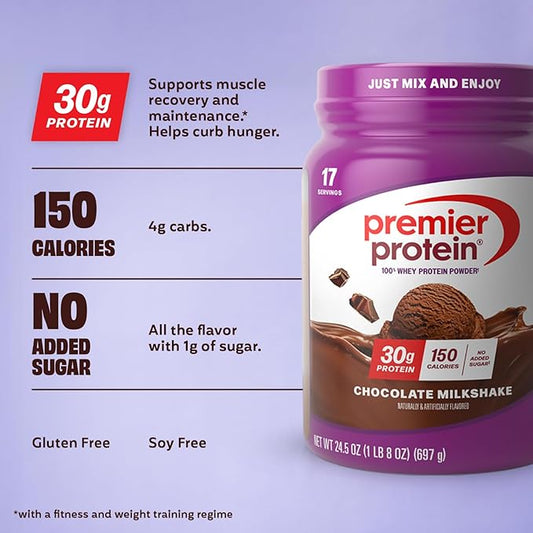 Premier Protein Powder, Chocolate Milkshake, 30g Protein, No Added Sugar, 100% Whey Protein, Keto Friendly, Soy & Gluten Free, 24.5 oz (17 Servings)