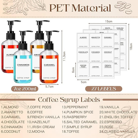 Mumufy Set of 12 Coffee Syrup Dispenser PET Syrup Pump Bottle Black Plastic Container with 27 Labels for Kitchen Restaurant Home Bar Accessories Organization(7 oz)