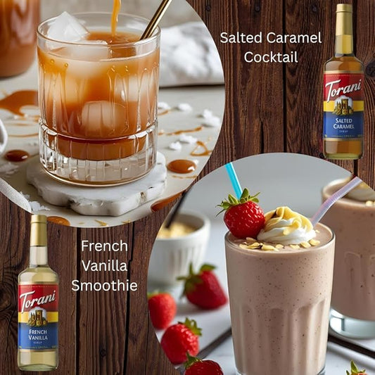Jimoco Syrup Pump & Torani Syrup Bundle - Salted Caramel, French Vanilla, Pistachio, Hazelnut Classic, Irish Cream, Raspberry - For Italian Soda Coffee, Lattes, Frappes With 6 Pump Dispensers