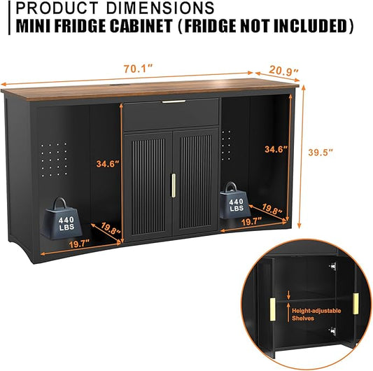 GDLF Long Coffee Bar Cabinet with Fridge Space, Modern Wine Liquor Cabinet with Storage & Power Outlet, Buffet Sideboard with Fluted Doors for Home, 70.1 Inch, Black