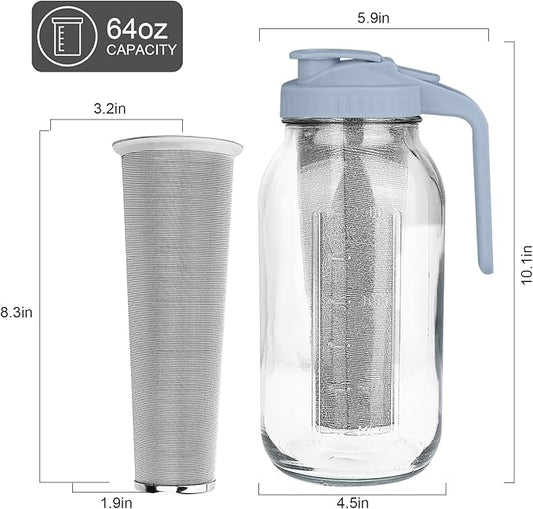QHH Cold Brew Coffee Maker,64 oz Mason Jar Pitcher with Stainless Steel Filter, Pour Spout Handle Lid, Heavy Duty Glass Airtight & Leak-Proof Pitcher for iced coffee Tea Lemonade-Gray