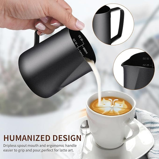 Milk Frothing Pitcher, 20OZ/600ML Stainless Steel Espresso Steaming Pitcher Coffee Milk Frother Cup with Decorating Art Pen for Espresso Machine, Milk Frother, Latte Art