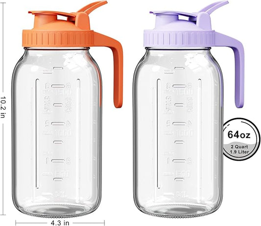 2 Pack Mason Jar Pitcher – Airtight & Leakproof Glass Pitcher with Lid, 2 Quart (64 oz) 1/2 Gallon Mason Jar with Pour Spout Lid, Ideal for Breastmilk, Cold Brew, Sun Tea and Coffee