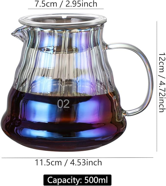 Iridescence Glass Coffee Server - Colorful Standard Carafe for Pour Over Coffee Maker, Heat Resistant Pot, 500ml (17oz), Single Cup, Clear