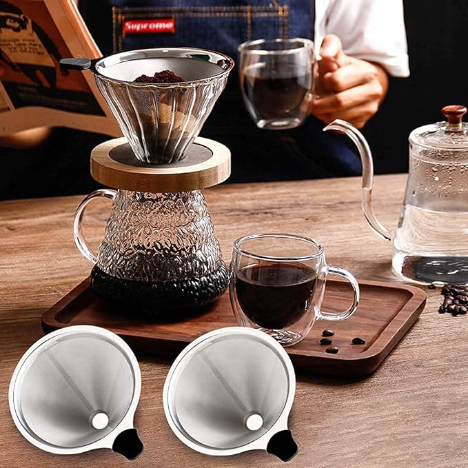 MEICHU Pour Over Coffee Filter 2PCS, Stainless Steel Coffee Filter, Paperless Reusable Cone Coffee Dripper