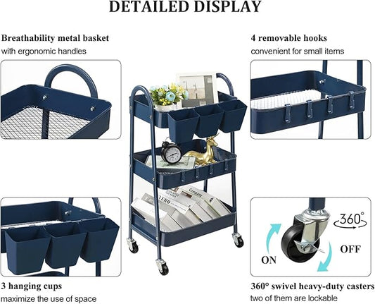 danpinera 3-Tier Rolling Cart, Utility Cart Mobile Metal Rolling Storage Cart with Lockable Wheels & Hanging Cups & Hooks for Kitchen, Bathroom, Office, Workshop, Dark Blue