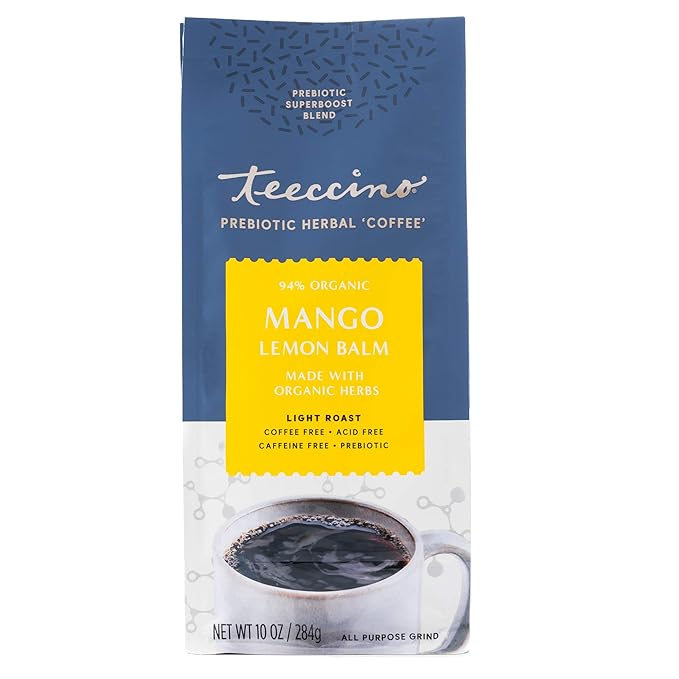 Teeccino Mango Lemon Balm - Prebiotic SuperBoost™ Herbal Blend - 10 Ounce - Steep like Loose Leaf Tea or Brew Like Coffee – Support Probiotics 3 Vegan Prebiotics for Gut Health & Good Mood
