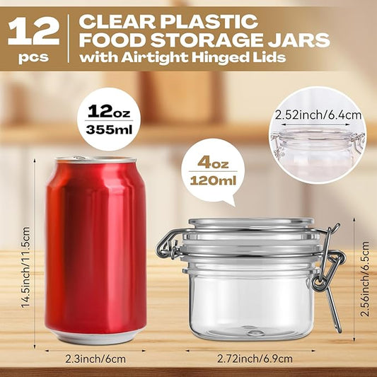 Suclain 12 Pcs 4 Oz/ 120 ml Plastic Storage Jars with Airtight Hinged Lids, Clear Wide Round Mouth Food Storage Containers Empty Bottles Sealed Jars for Home Kitchen Candy Herbs Spices Coffee Nuts