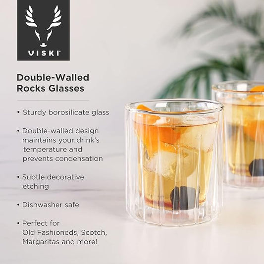 Viski Double Walled Rocks Glasses - Insulated Whiskey Tumblers with Cut Crystal Design - Dishwasher Safe 10.5oz Set of 2