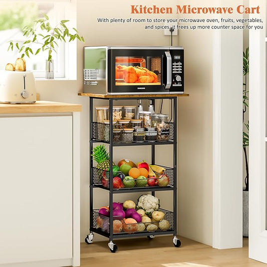 Kitchen Microwave Cart with Fruit Baskets, 4 Tier Microwave Table Stand with Storage, Kitchen Storge Shelf on Wheels Small Rolling Cart Organizer Rack for Pantry, Living Room, Bathroom