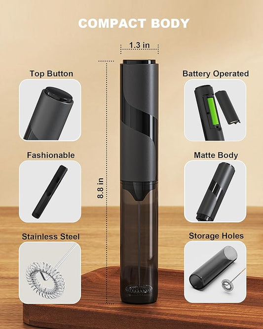 Handheld Milk Frother with Cover, Battery Operated Drink Mixer Handheld Easy to Carry Electric Frother Wand For Coffee, Latte, Cappuccino, Frappe Drink, Hot Chocolate, Black