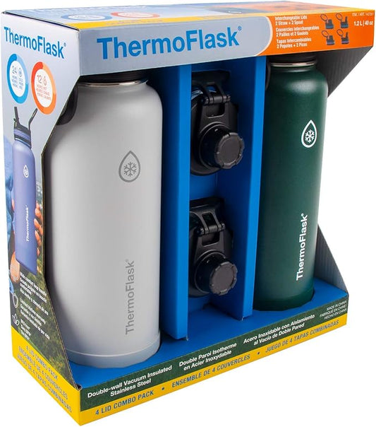 ThermoFlask Stainless Steel Water Bottles 2-Pack - Double-Wall Vacuum Insulated 40 oz BPA-Free Spout Lids - Keeps Drinks Cold 24 Hrs, Hot 12 Hrs - Leakproof, Dishwasher Safe, Gray/Pine