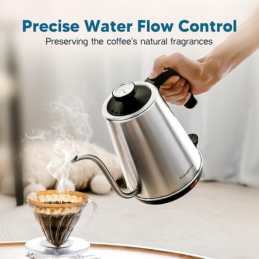 Nueve&Five Gooseneck Electric Kettle with Thermometer,Electric Tea Kettle 1L with Auto Shut-Off,1000W Hot Water Kettle of Stainless Steel,Pour Over Kettle for Coffee & Tea -Chrome