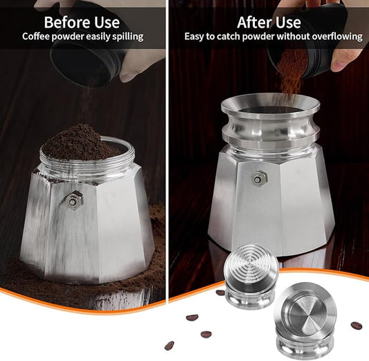 Coffee Tamper for 4 Cups to 6 Cups Moka Pot, 304 Stainless Steel Espresso Dosing Funnel Set, Coffee Distributor Leveler Compatible with Italian Espresso Stovetop Moka Pot, Silver