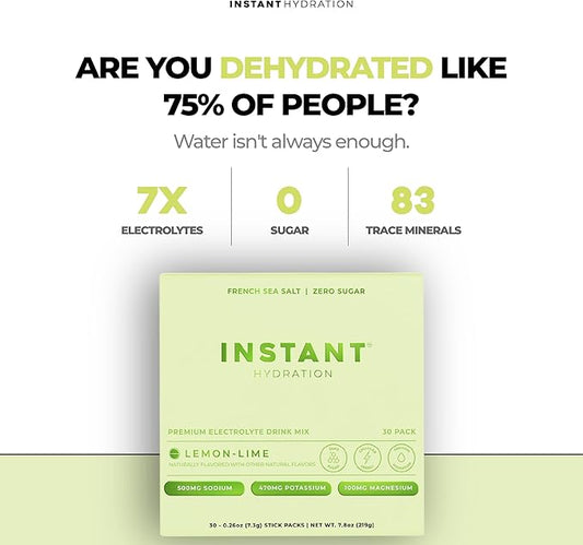 Instant Hydration Electrolytes Powder Packets - Lemon Lime Drink Mix - Zero Sugar - Keto, Vegan, Gluten-Free, Non-GMO - Boost Recovery, Brain Health, Muscle & Tissue Support- 30 Sticks