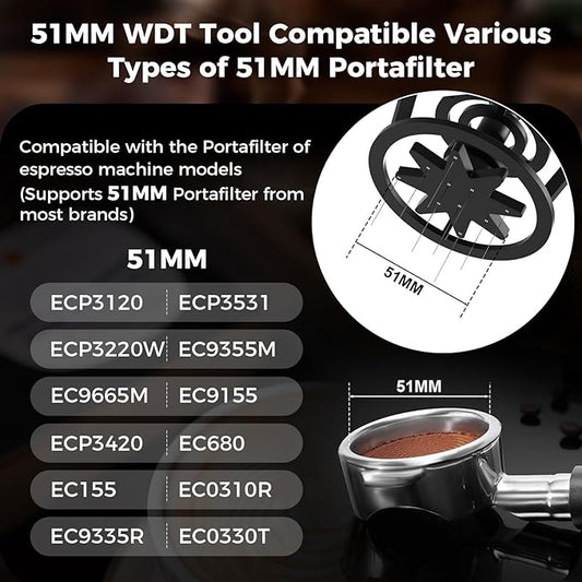 IKAPE 51mm Mantis WDT Distribution Tool, Espresso Distribution Tool for Baristas, Featuring 8-Needle Stirrer, Adjustable Needle Height, with Dosing Funnel and Stand, Walnut Handle