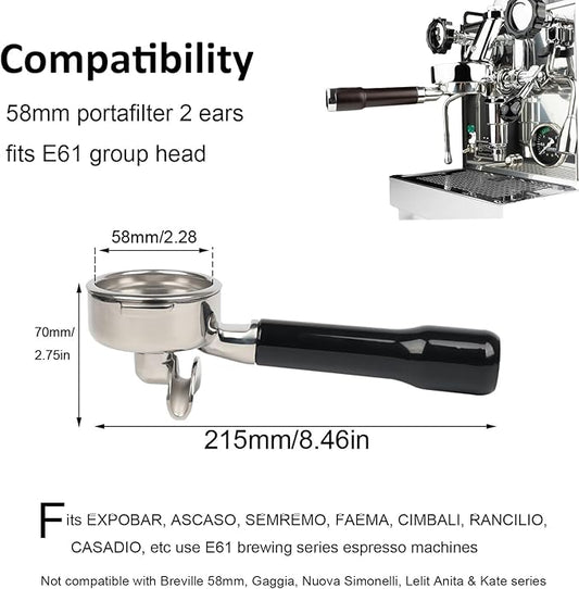 58mm Portafilter Double Spout Compatible with E61 Group Head, 2 ears 58mm Portafilter with Filter Basket and ABS Handle