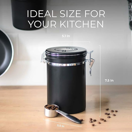 Stainless Steel Coffee Canister - 21oz Airtight Kitchen Food Storage Container with Date Tracker, CO2-Release Valve and Measuring Scoop For Ground Coffee, Beans, Tea, Sugar, Large