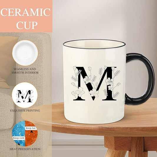Monogram Ceramic Coffee Mugs, 11 oz Initial Drinking Cup with Gift Box, Unique Birthday Valentines Day Gifts for Women Wife Mothers Day Grandma Mom Aunt, M