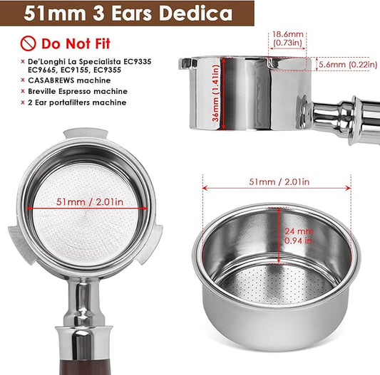 51mm Bottomless Portafilter 3 Ears, YMWVH Professional Espresso Portafilter 51mm for De-longhi EC680, EC685 & EC885 Espresso Machine, Stainless Steel Basket and Walnut Handle