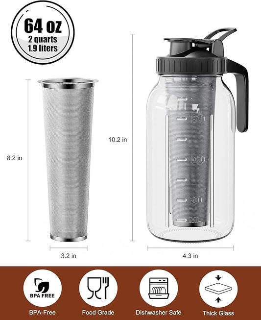 VA1KENE 2-Pack Cold Brew Coffee Maker - 64oz Mason Jar Pitcher with Stainless Steel Filter, Spout Lid for Iced Coffee, Tea, Lemonade & Fruit Drinks