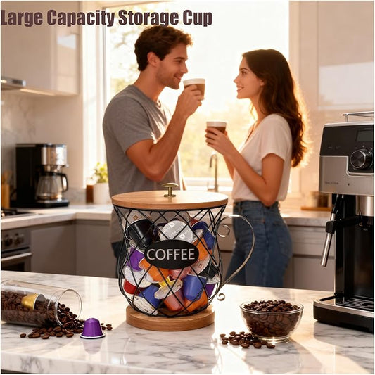 Coffee Pod Holder with Lid -Coffee Creamer Holder Large Capacity Holder for k Holder Organizer for Counter - Coffee Decor Station for Pods, Espresso, Capsules, Creamer, (Black-HH)