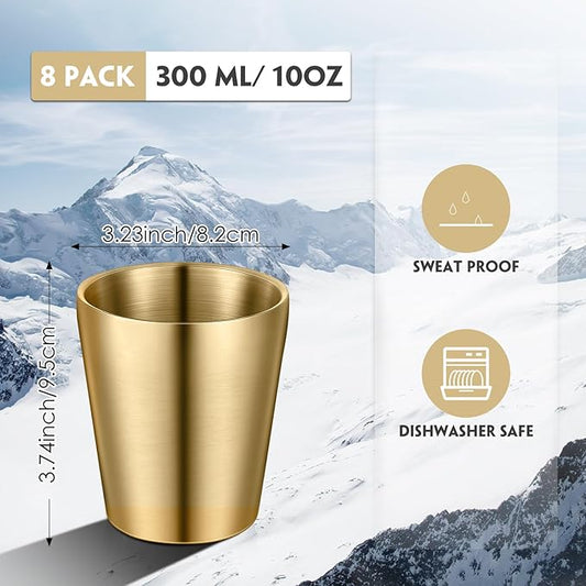 Mimorou 8 Pack Stainless Steel Insulated Cup 10 oz Metal Tumbler Double Wall Vacuum Water Glasses Camping Reusable Mugs BBQ Home Office Party Coffee(Gold)