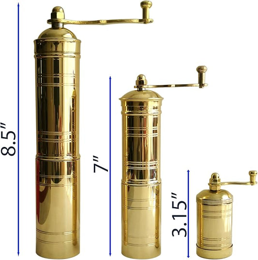 Set of Three Turkish Manual Coffee Grinders, Brass Coffee Mill with Handle, Fixed Top Pepper Grinder, Kitchen Decor