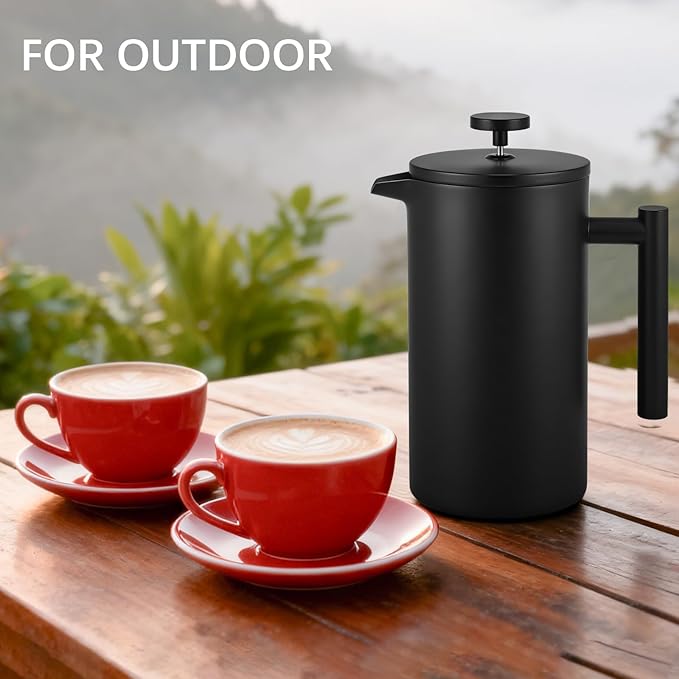 CAOANTRY French Press Coffee Maker, 304 Grade Stainless Steel French Press with 2 Extra Filters for Home, Office, Travel, Camping - 34OZ/2 Litre (Black)