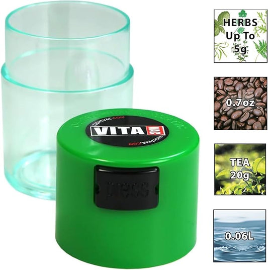 Vitavac - 5g to 20 grams Airtight Multi-Use Vacuum Seal Portable Storage Container for Dry Goods, Food, and Herbs - Green Clear
