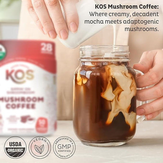 KOS Mushroom Coffee - USDA Certified Organic - Dark Chocolate Mocha Flavor - Mushroom Coffee Latte Powder with Reishi, Cordyceps, Lion's Mane, Chaga & Turkey Tail Mushrooms