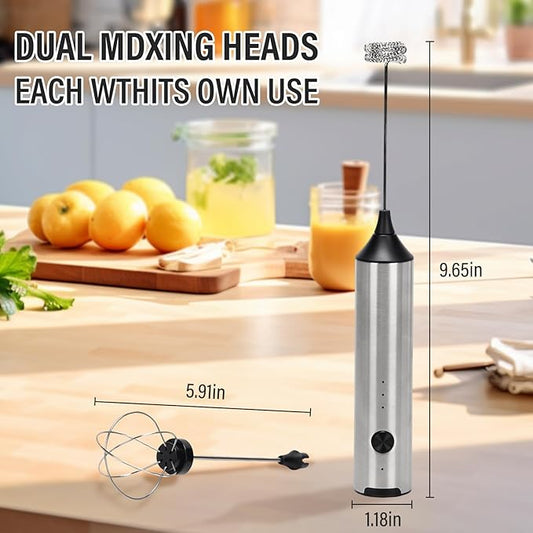 Madrigal Rechargeable Milk Frother with Stand, Dual 304 Stainless Steel Whisks, USB-C Mini Mixer for Drinks, Cappuccino & Hot Chocolate, 3-Speed Handheld Drink Mixer for Lattes