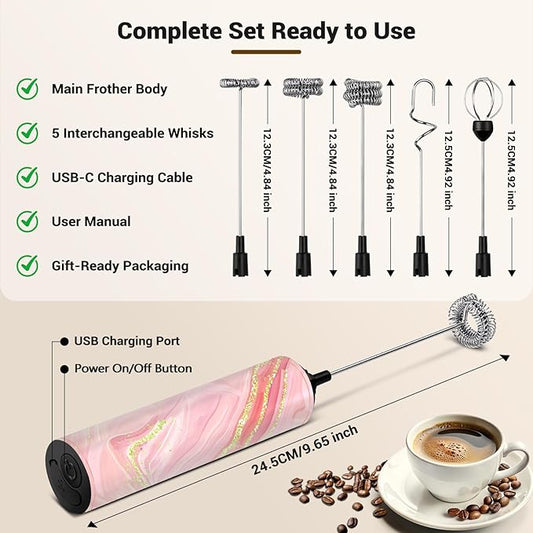 Milk Frother Handheld Rechargeable - 2-Speed Electric Whisk with 5 Detachable Heads (Frother/Mixer/Whisk) for Coffee, Latte, Cappuccino & Matcha, Drink Mixer (Flower 19)