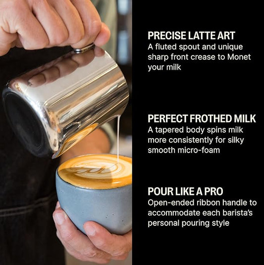 Fellow Eddy Steaming Pitcher - Milk Frother Pitcher with Fluted Spout, Premium Barista Tools for Precision Latte Art, 18/8 Stainless Steel, Polished, 12oz Jug