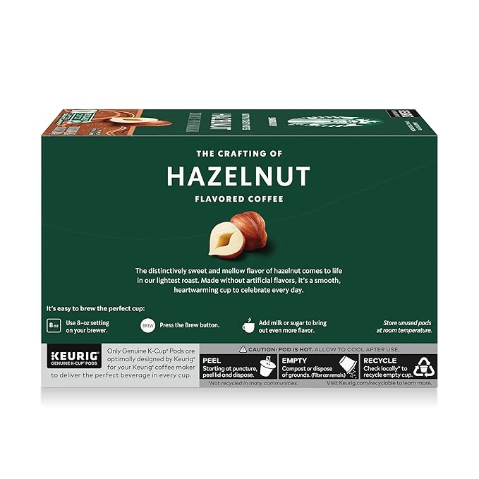 Starbucks K-Cup Coffee Pods, Flavored Hot or Iced Coffee, Hazelnut, 10 Keurig Pods