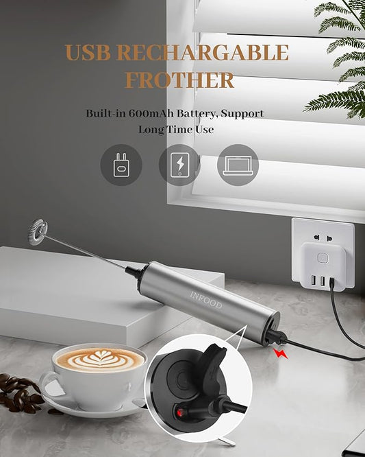 INFOOD Milk Frother Rechargeable with Cover - Coffee Frother Wand, Drink Mixer Handheld with 2 Detachable Stainless Whisks 2 Speed Adjustable for Latte, Cappuccino, Hot Chocolate, Egg, Silver